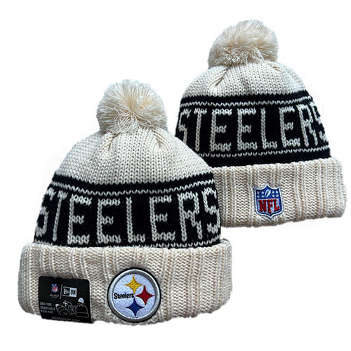 NFL Pittsburgh Steelers Cream Black Cuffed Pom Knit Hat YD2503212 (14)