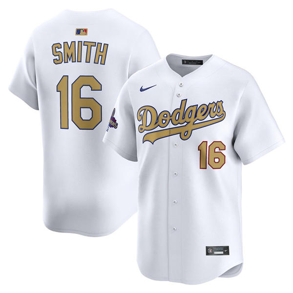 Mens Los Angeles Dodgers #16 Will Smith 2025 White Gold Collection Limited Jersey