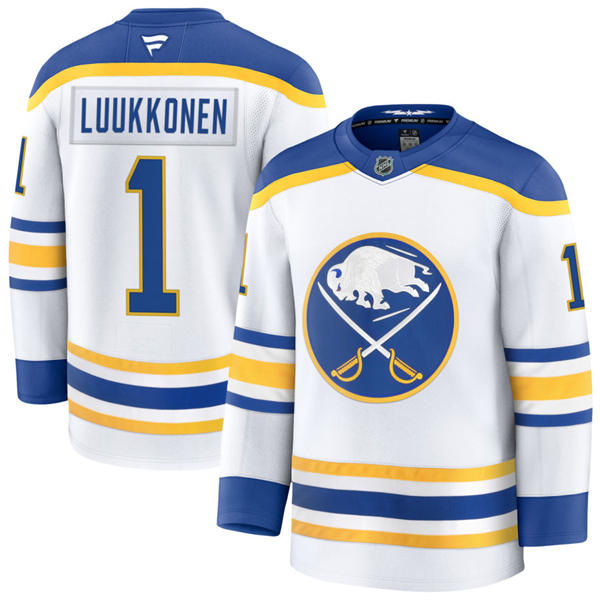 Men's Buffalo Sabres #1 Ukko-Pekka Luukkonen Fanatics White Royal Away Premier Player Jersey