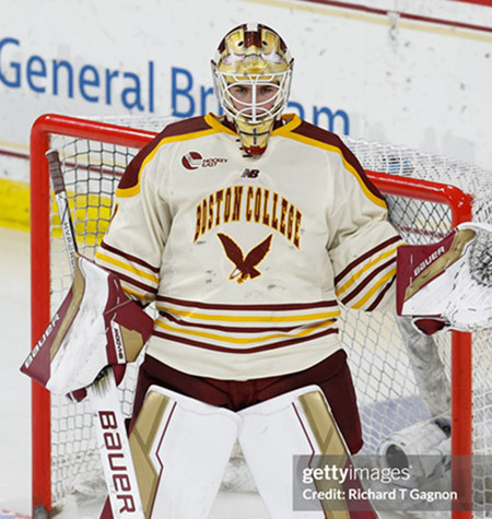 Mens Youth Boston College Eagles #1 Jacob Fowler White With Maroon Shoulder College Hockey Game Jersey