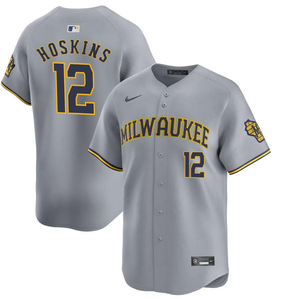 Mens Milwaukee Brewers #12 Rhys Hoskins Nike Gray Road Limited Jersey