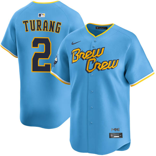 Mens Milwaukee Brewers #2 Brice Turang Powder Blue City Connect Limited Jersey