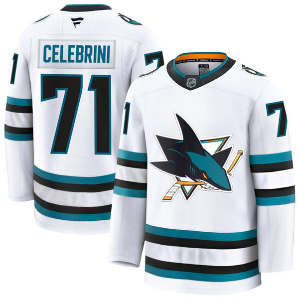 Mens San Jose Sharks #71 Macklin Celebrini Fanatics White Away Premium Jersey