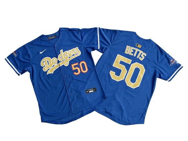 Men's Los Angeles Dodgers #50 Mookie Betts Nike Blue 2024 World Series Champions Gold Collection Limited Jersey