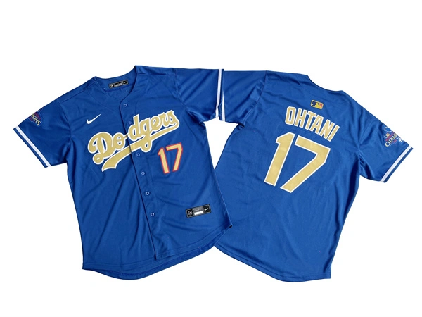 Men's Los Angeles Dodgers #17 Shohei Ohtani Nike Blue 2024 World Series Champions Gold Collection Limited Jersey