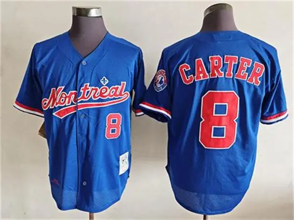 Men's Montreal Expos #8 Gray Carter Royal Cooperstown Collection Mesh Batting Practice Jersey
