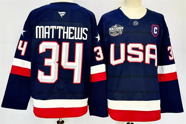 Men's USA #34 Auston Matthews Fanatics Navy 2025 4 Nations Face-Off Premium Player Stotck Jersey (No custom) 