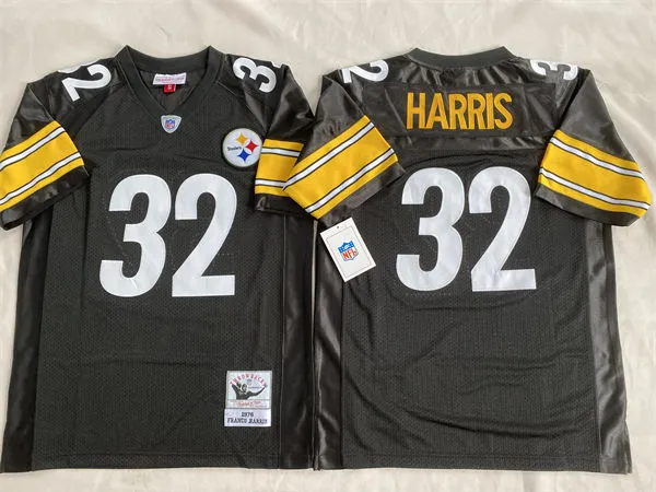 Mens Pittsburgh Steelers #32 Franco Harris 1976 Home Black Circular Number Throwback Jersey