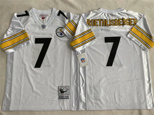 Mens Pittsburgh Steelers #7 Ben Roethlisberger Road White Circular Number Throwback Jersey