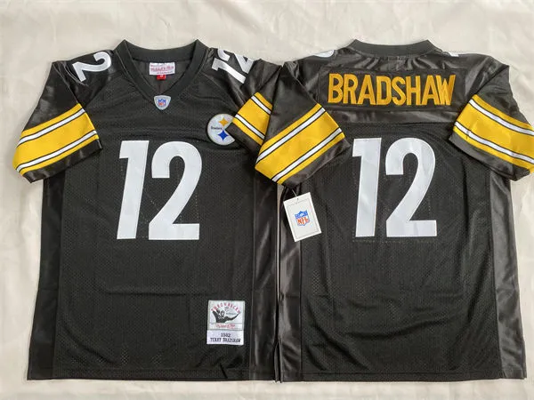 Mens Pittsburgh Steelers #12 Terry Bradshaw 1982 Home Black Circular Number Throwback Jersey