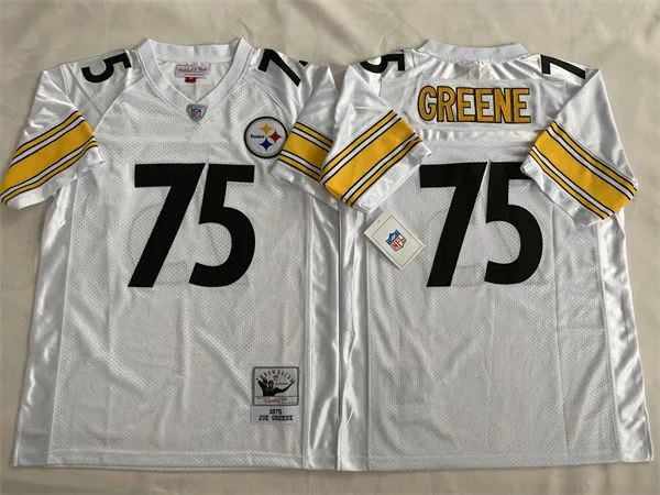 Mens Pittsburgh Steelers #75 Joe Greene 1975 Road White Circular Number Throwback Jersey