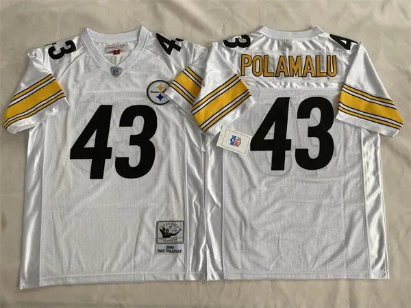 Mens Pittsburgh Steelers #43 Troy Polamalu 2005 Road White Circular Number Throwback Jersey