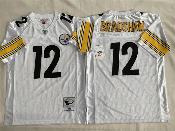Mens Pittsburgh Steelers #12 Terry Bradshaw 1982 Road White Circular Number Throwback Jersey