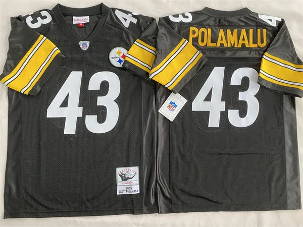 Mens Pittsburgh Steelers #43 Troy Polamalu 2005 Home Black Circular Number Throwback Jersey