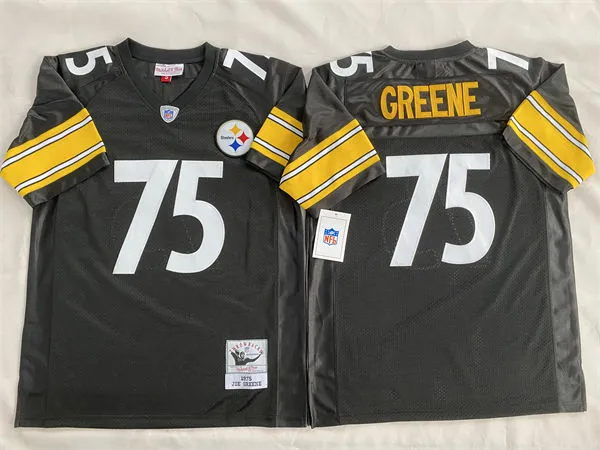 Mens Pittsburgh Steelers #75 Joe Greene 1975 Home Black Circular Number Throwback Jersey