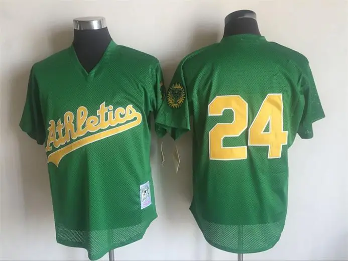 Men's Oakland Athletics #24 Rickey Henderson Green Gold 1998 Cooperstown Mesh Batting Practice Jersey