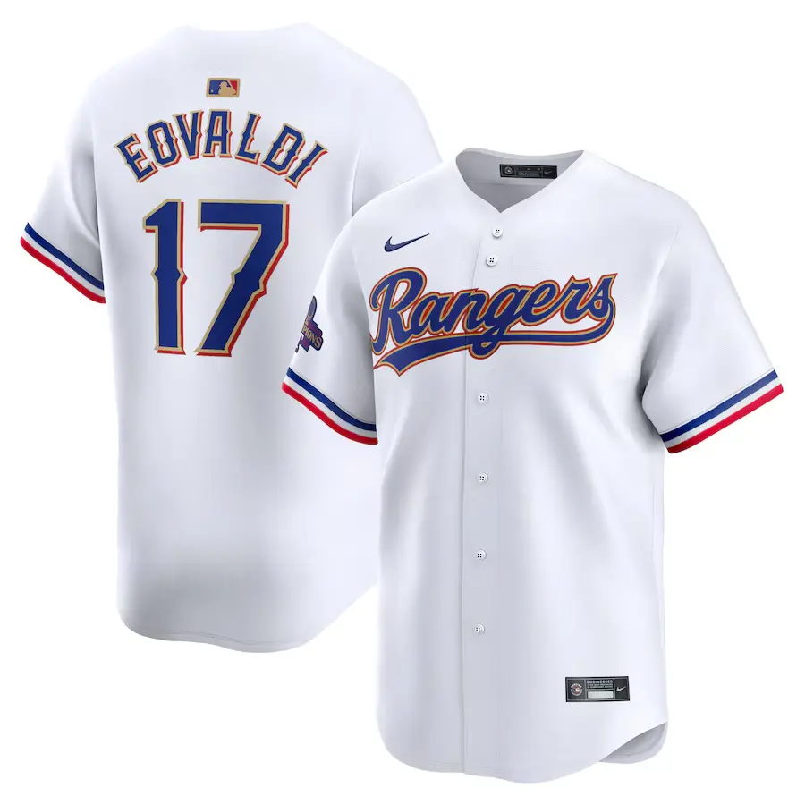 Mens Texas Rangers #17 Nathan Eovaldi GOLD-TRIMMED WORLD SERIES CHAMPIONSHIP Limited Jersey