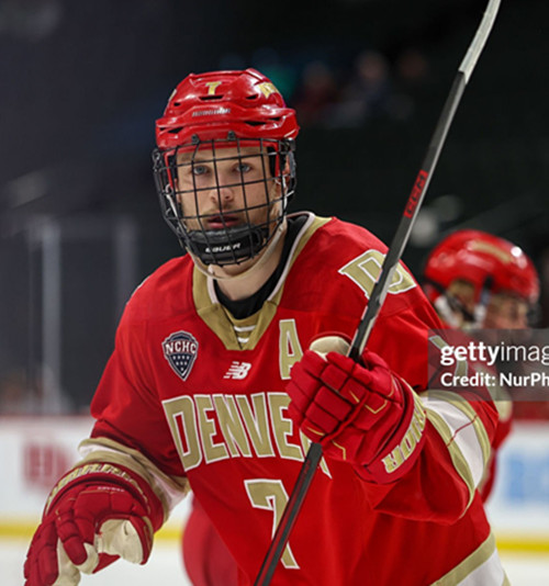 Denver Pioneers #7 Aidan Thompson 2024 Crimson College Hockey Game Jersey