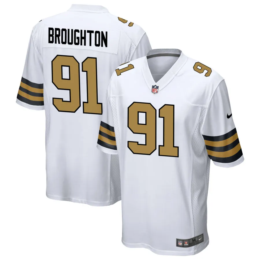 Mens New Orleans Saints #91 Vernon Broughton Nike White Gold Alternate F.U.S.E Limited Jersey