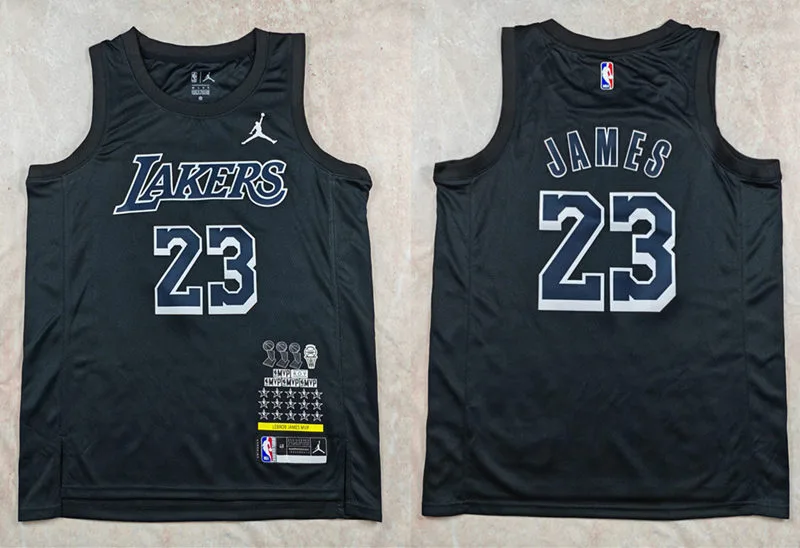 Men's Los Angeles Lakers #23 LeBron James Black 3 Times Chamipons MVP Honor Hot Press Jersey