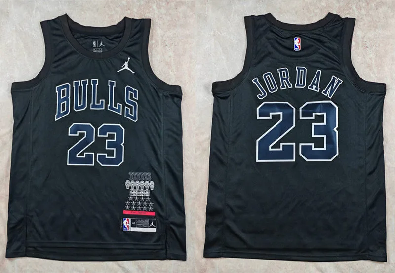Men's Chicago Bulls #23 Michael Jordan Black 6 Times Chamipons MVP Honor Hot Press Jersey