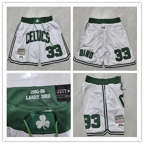 Mens Boston Celtics #33 Larry Bird White 1985-86 Throwback Mitchell & Ness Shorts