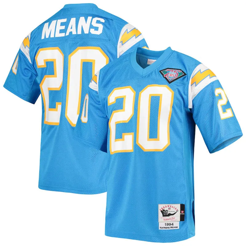 Men's San Diego Chargers #20 Natrone Means Mitchell & Ness Light BLue 1994 Throwback Jersey