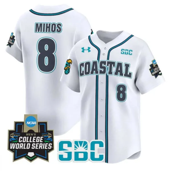 Coastal Carolina Chanticleers #8 Dean Mihos White 2025 College Baseball World Series Jersey 