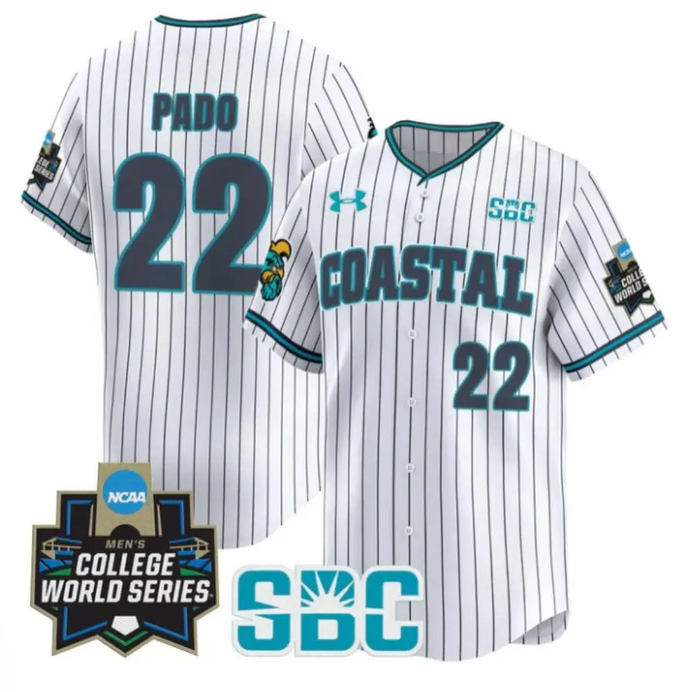 Coastal Carolina Chanticleers #22 Blagen Pado White Pinstripe 2025 College Baseball World Series Jersey
