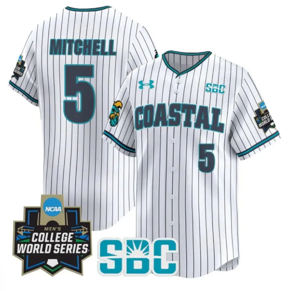 Coastal Carolina Chanticleers #5 Walker Mitchell White Pinstripe 2025 College Baseball World Series Jersey