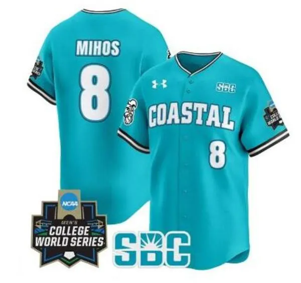 Coastal Carolina Chanticleers #8 Dean Mihos Teal 2025 College Baseball World Series Jersey 