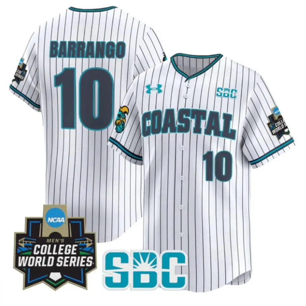Coastal Carolina Chanticleers #10 Ty Barrango White Pinstripe 2025 College Baseball World Series Jersey