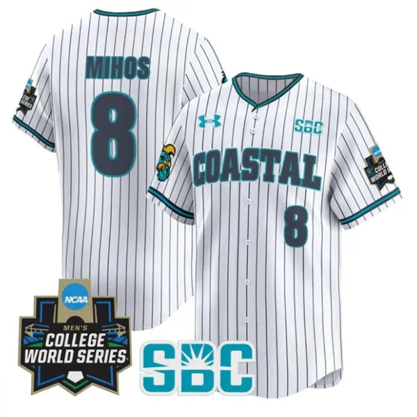 Coastal Carolina Chanticleers #8 Dean Mihos White Pinstripe 2025 College Baseball World Series Jersey