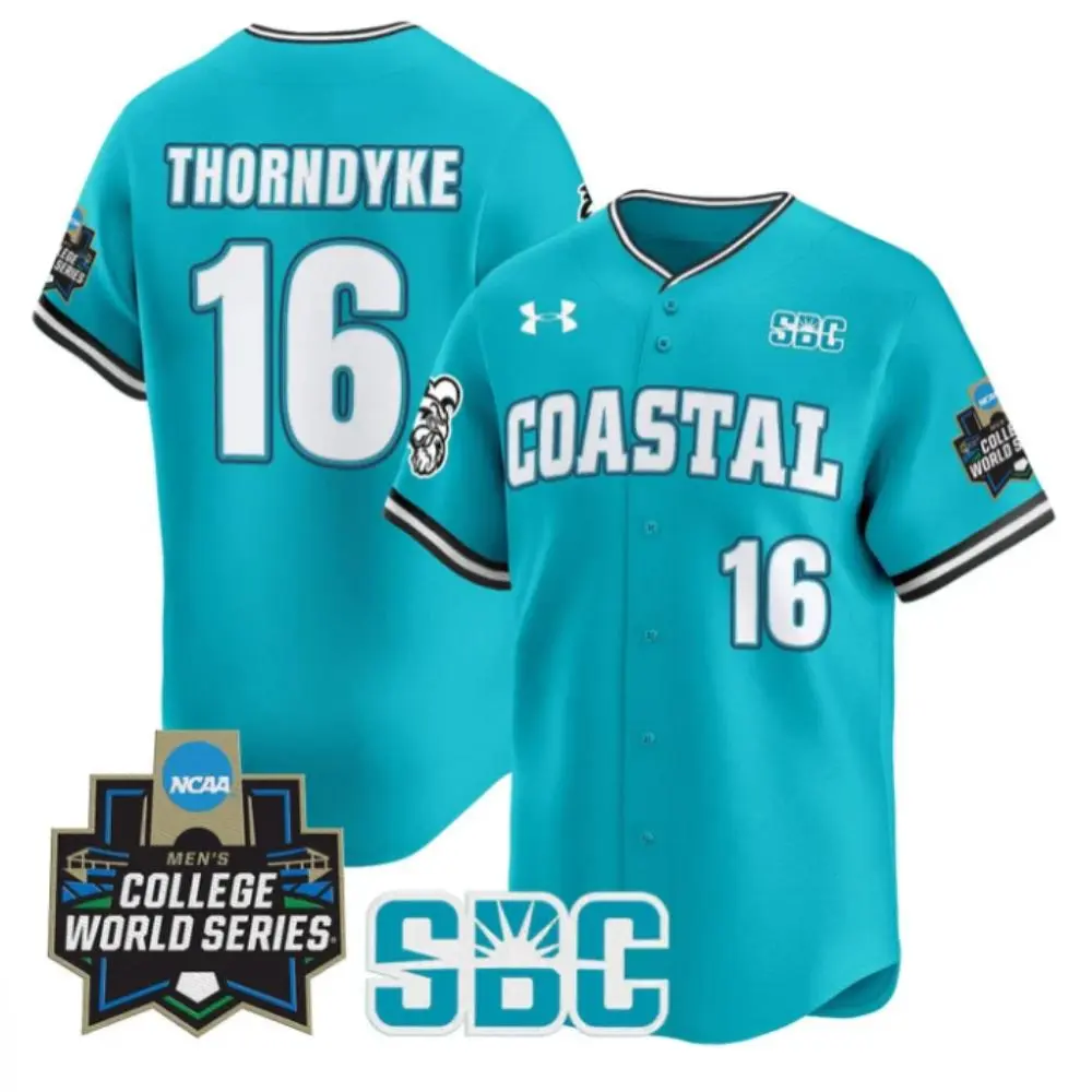 Coastal Carolina Chanticleers #16 Colby Thorndyke Teal 2025 College Baseball World Series Jersey