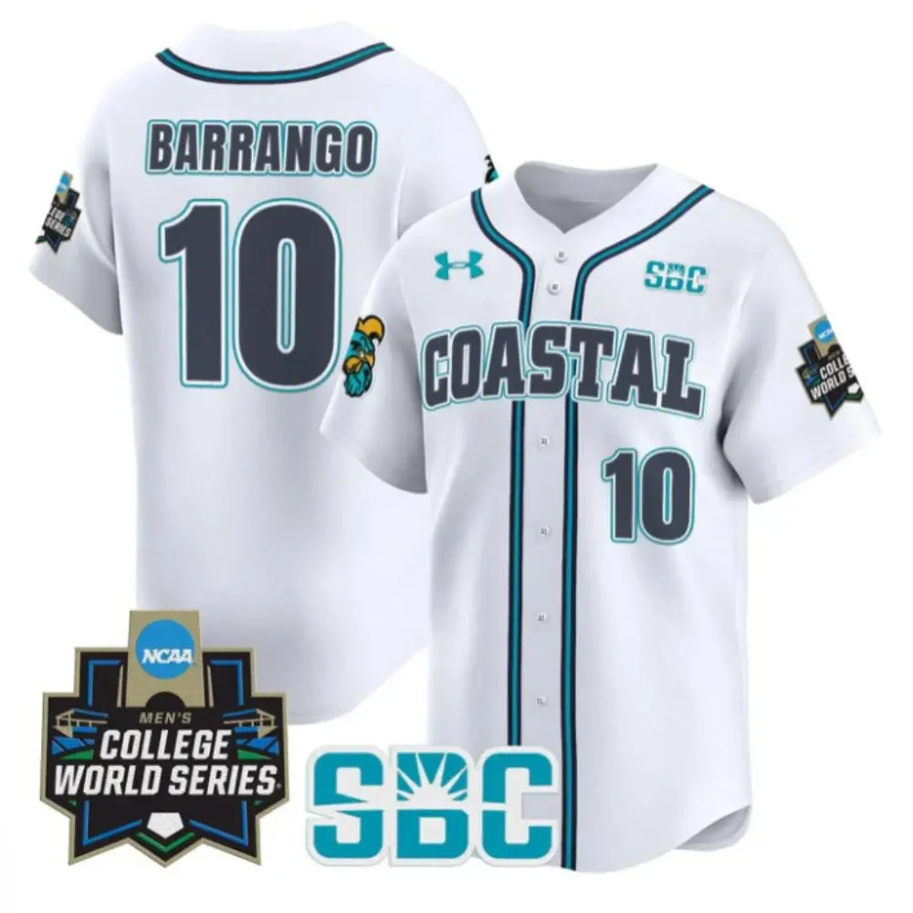 Coastal Carolina Chanticleers #10 Ty Barrango White 2025 College Baseball World Series Jersey