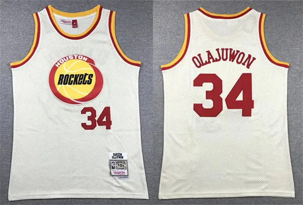 Mens Houston Rocket #34 Hakeem Olajuwon Mitchell & Ness Chainstitch Swingman Jersey - Cream