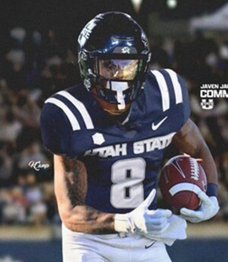 Utah State Aggies #8 Javen Jacobs Navy College Football Jersey