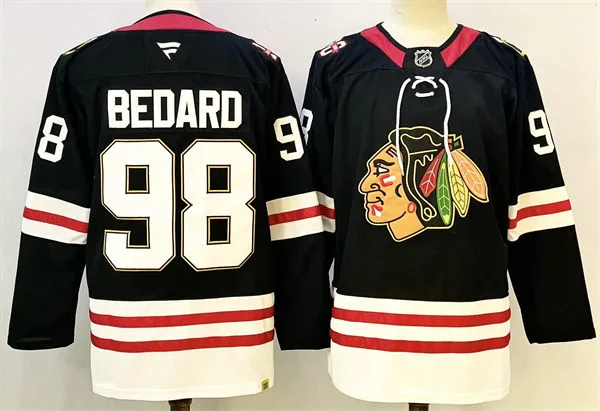 Mens Chicago Blackhawks #98 Connor Bedard Fanatics Black 100th Anniversary Jersey 