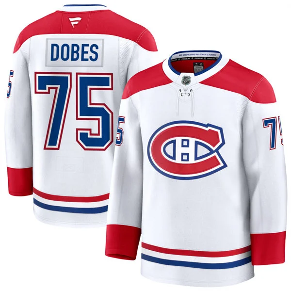 Mens Montreal Canadiens #75 Jakub Dobes Fanatics White Away Premium Jersey