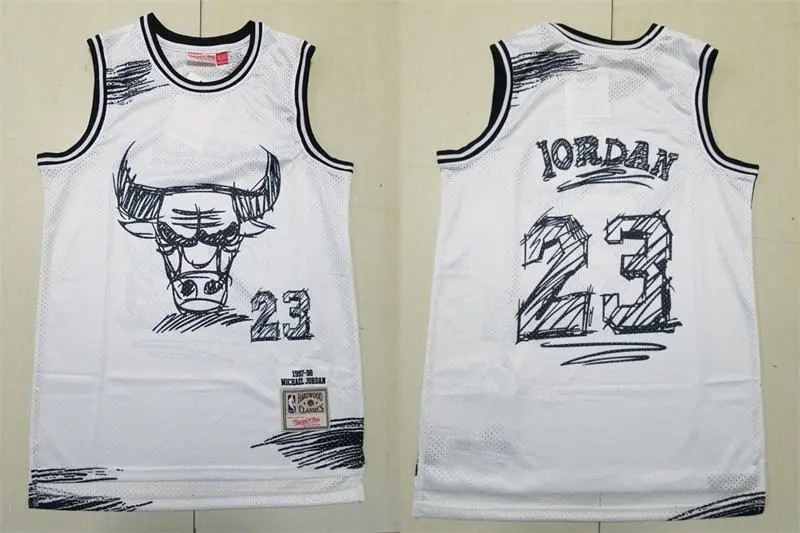 Mens Chicago Bulls #23 Michael Jordan White sketch designed 1997-98 Throwback Jersey 