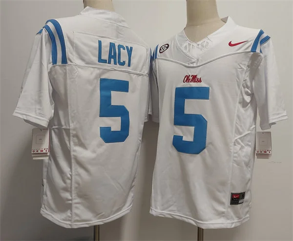 Mens Ole Miss Rebels #5 Kewan Lacy White Blue College Football Game Jersey