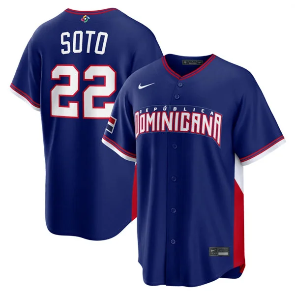 Men's Dominican Republic Baseball #22 Juan Soto Nike Royal 2026 World Baseball Classic Road Stadium Jersey