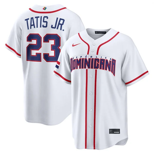 Men's Dominican Republic Baseball #23 Fernando Tatis Jr. Nike White 2026 World Baseball Classic Home Stadium Jersey