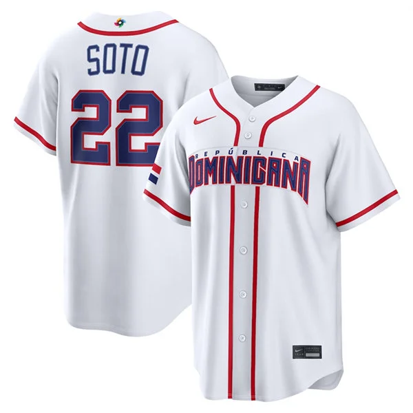 Men's Dominican Republic Baseball #22 Juan Soto Nike White 2026 World Baseball Classic Home Stadium Jersey