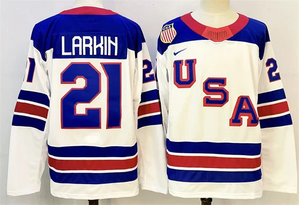 Men's USA #21 Dylan Larkin White Away 2026 Olympic Hockey Jersey