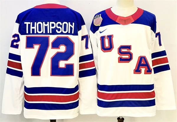 Men's USA #72 Tage Thompson White Away 2026 Olympic Hockey Jersey