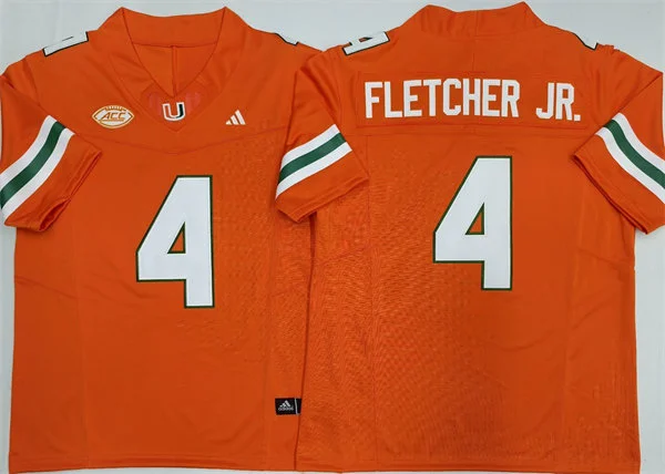 Mens Miami Hurricanes #4 Mark Fletcher Jr. 2025 Orange Football Game Jersey