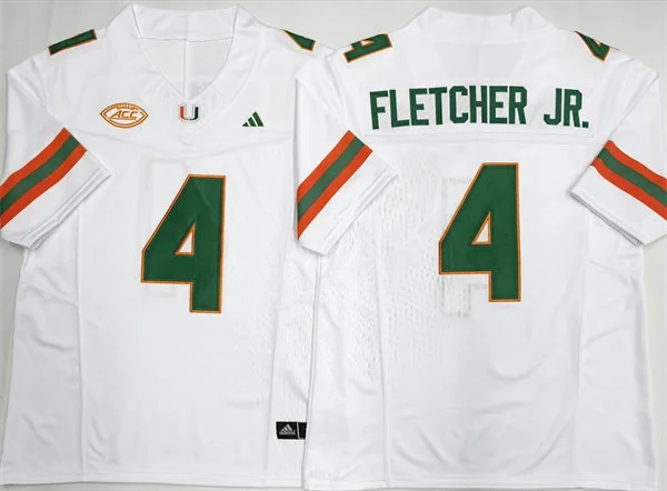 Mens Miami Hurricanes #4 Mark Fletcher Jr. 2025 White Football Game Jersey