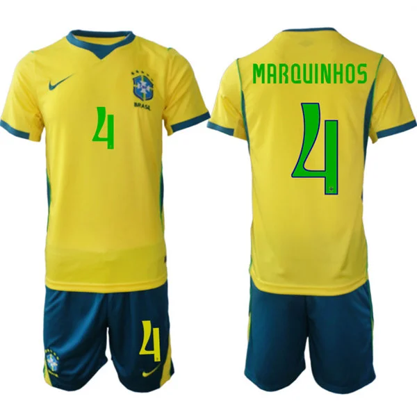 Mens Brazil #4 Marquinhos Home Yellow 2026 FIFA World Cup Soccer Jersey Kit 