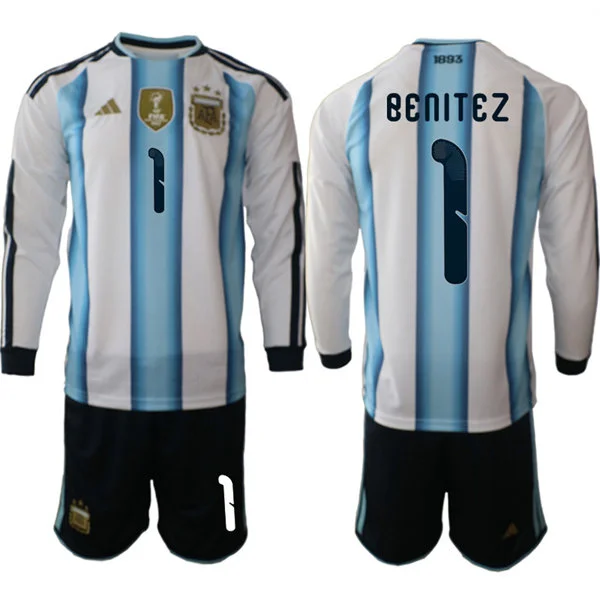 Mens Argentina National Team #1 Walter Benitez 2026 FIFA World Cup Soccer Home White Long Sleeve Jersey Kit